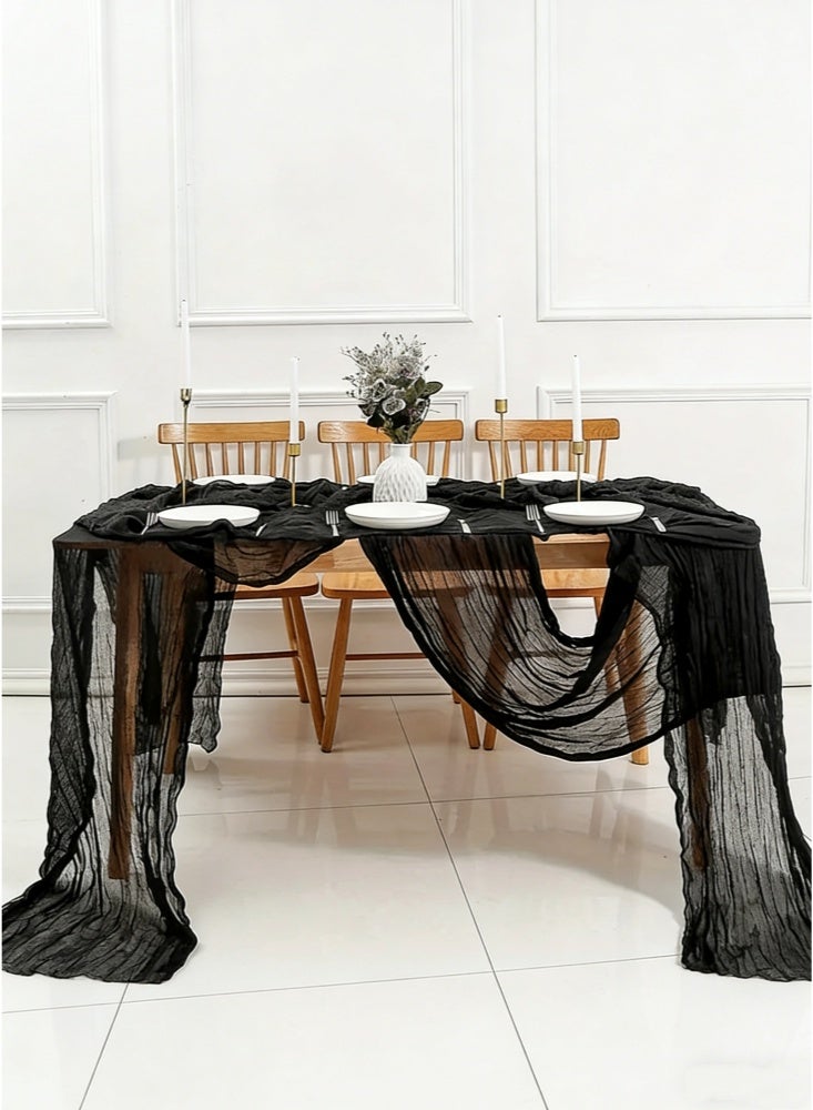 300×90cm Cheese Table Flag Pleated Gauze Tablecloth Wedding Party Decoration Rustic Boho Sheer Party Table Decor Farmhouse Table Runners Long Sand Table Runner for Wedding Reception Bridal Shower Baby Shower (Black) - Image 3